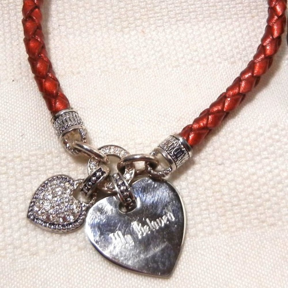 Leather RED Rope Bracelet w/Silver Heart & Crystal Circle Engraved